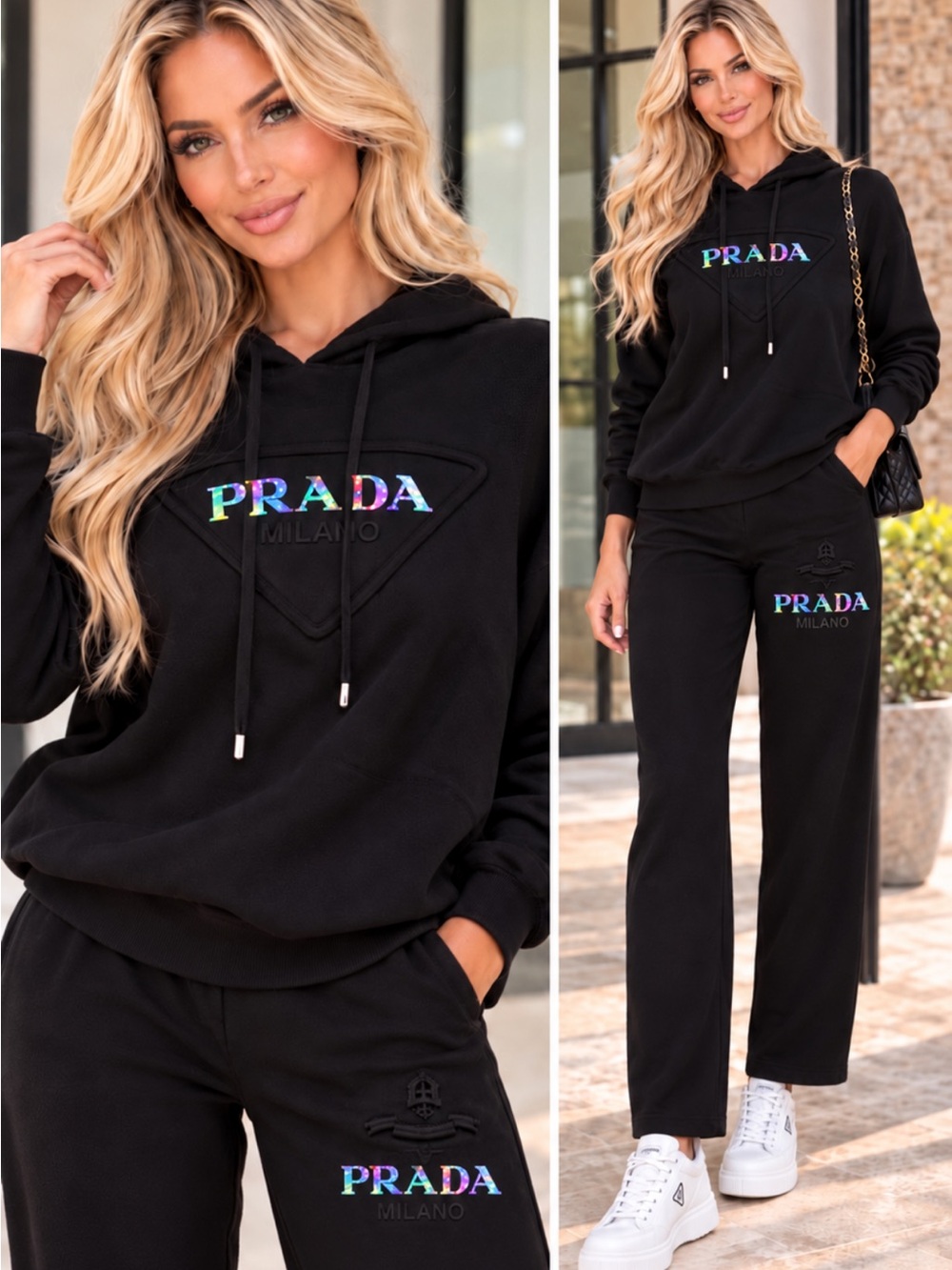 FASHION Black Knit Logo Track Pants & Hoodie Set - Black